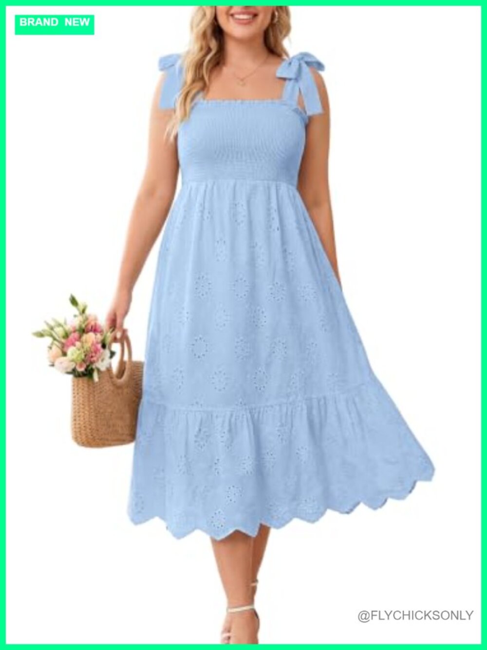 Plus Size Smocked Eyelet Midi Dress Adjustable Spaghetti Strap Summer